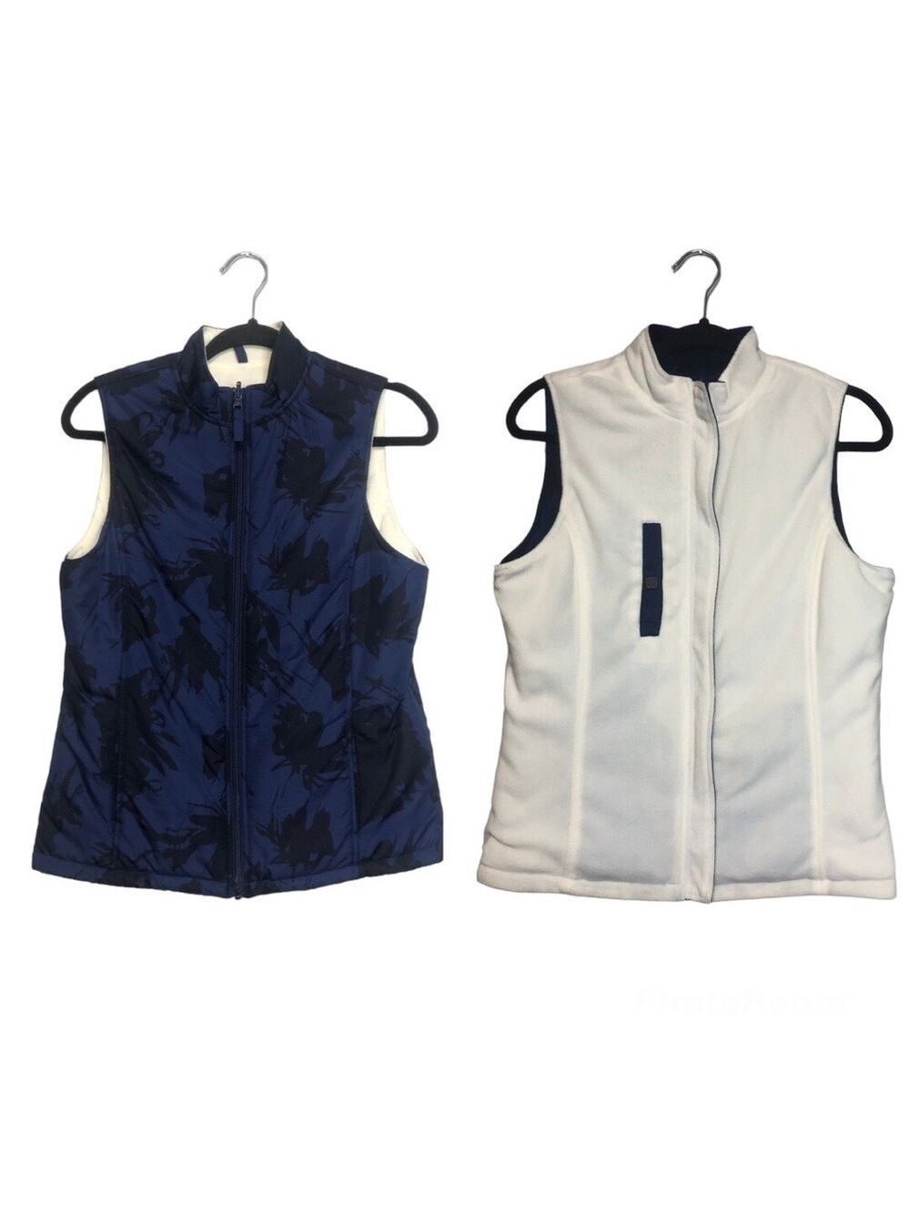 Tabi Reversible Zip Up Navy & White Abstract Print Puffer Vest, size S